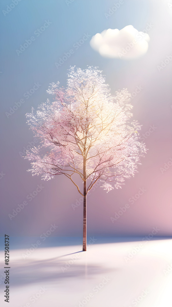 Obraz premium Blooming trees against a soft blue backdrop in a gentle sunrise.