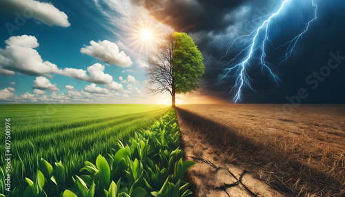 A tree stands in a field, divided in half with one side lush and green under a bright sun, and the other side bare and leafless under dark storm clouds with lightning. photo