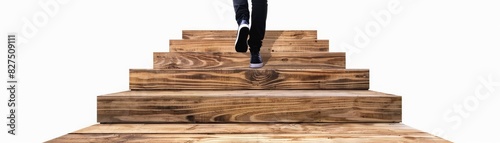 Wooden stairs with ascending steps, a person walking up, isolated on white background, perspective view photo