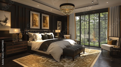A hyper-realistic contemporary glam bedroom, sleek black furniture, gold accents, white bedding with black and gold throw pillows, modern chandelier, large windows with soft natural light. photo