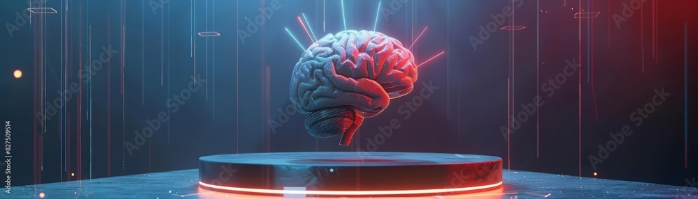 A blank podium showcase featuring a 3D model of a human brain with highlighted neural connections A blank podium showcase featuring a 3D model of a human brain with highlighted neural connections