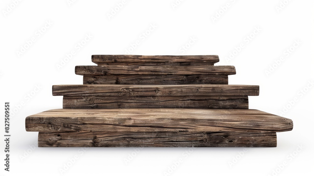 Wooden stairs with collapsing steps, a gloomy sky in the background, isolated on white background, perspective view Wooden stairs with collapsing steps, a gloomy sky in the background, isolated on white background, perspective view