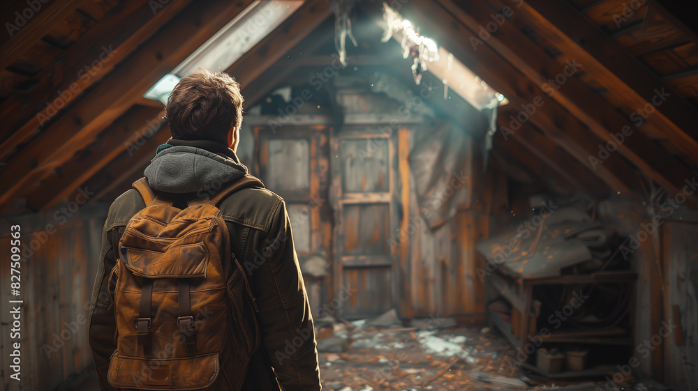 Naklejka premium A man in an old attic, a man renovating an old attic, red wood, cinematic light 16:9