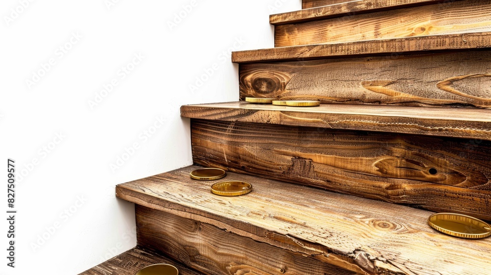 Wooden stairs with ascending steps, each step featuring gold coins, isolated on white background, perspective view Wooden stairs with ascending steps, each step featuring gold coins, isolated on white background, perspective view