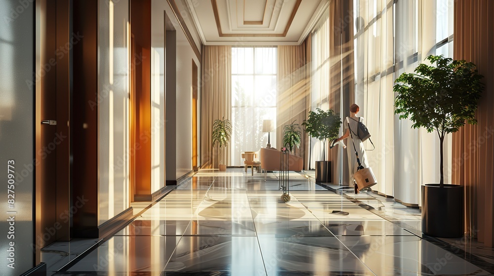 The hotel cleaning staff is sweeping, mopping the rooms and tidying up the bedrooms. The hotel cleaning staff is sweeping, mopping the rooms and tidying up the bedrooms.