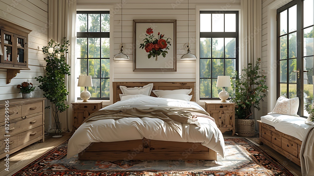 A hyper-realistic farmhouse chic bedroom, shiplap walls in soft white, vintage floral quilt, reclaimed barn wood bed frame, rustic wooden furniture, large window with diffused light. A hyper-realistic farmhouse chic bedroom, shiplap walls in soft white, vintage floral quilt, reclaimed barn wood bed frame, rustic wooden furniture, large window with diffused light.