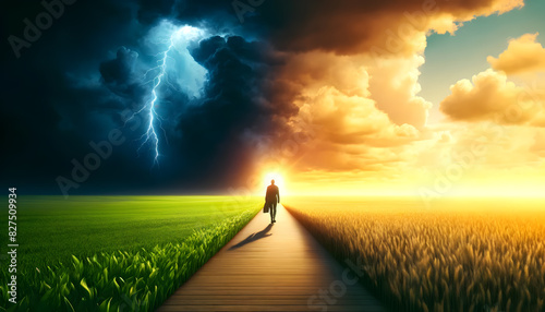 a person walking on a path through a vast field, with dramatic dark storm clouds on the left and bright, golden sunlight breaking through on the right.