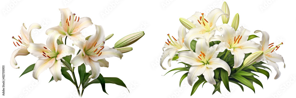 Collection of real elegant blooming lily with buds isolated on white background Collection of real elegant blooming lily with buds isolated on white background