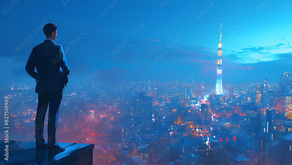 City Lights: Cinematic View of a Man in Suit Gazing at Urban Landscape
City Lights: Cinematic View of a Man in Suit Gazing at Urban Landscape