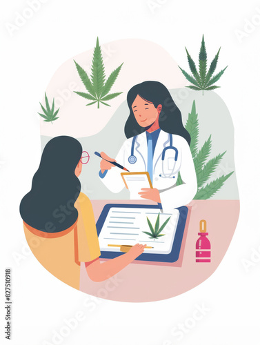 Doctor consulting a patient about medical cannabis flat design top view healthcare cartoon drawing colored pastel
