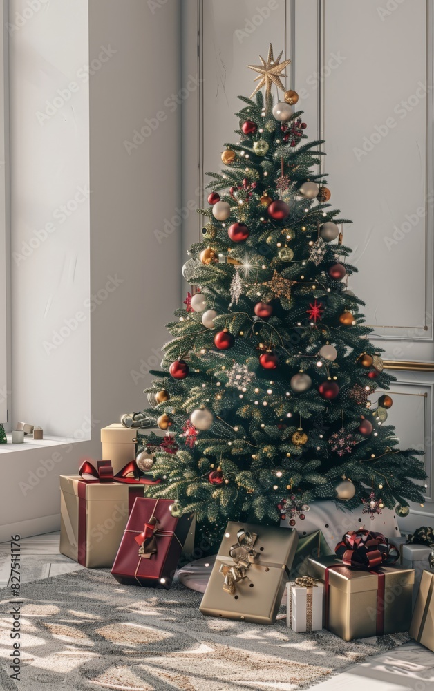 A Christmas tree with a white background and a few gifts placed under it