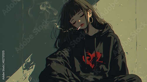Anime girl sitting on the floor. She is smoking a cigarette.