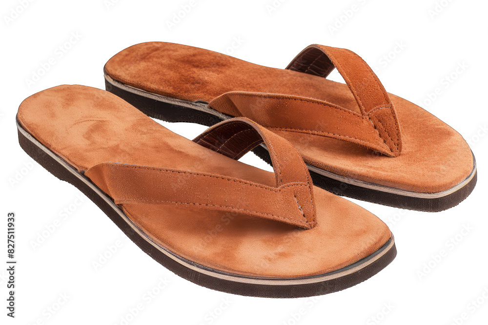 A pair of cozy brown flip flops with cushioned soles and durable straps on transparent background A pair of cozy brown flip flops with cushioned soles and durable straps on transparent background