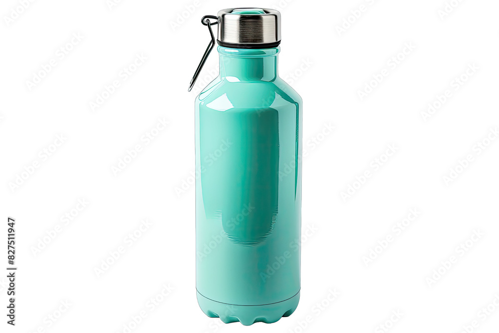 A sleek turquoise water bottle with a stainless steel cap on transparent background A sleek turquoise water bottle with a stainless steel cap on transparent background