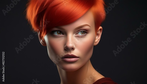 studio portrait of a woman with short red hair on black background