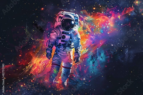 an astronaut in space with colorful explosion of stars
