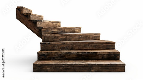 Wooden stairs with collapsing steps, ominous shadows cast over them, isolated on white background, perspective view