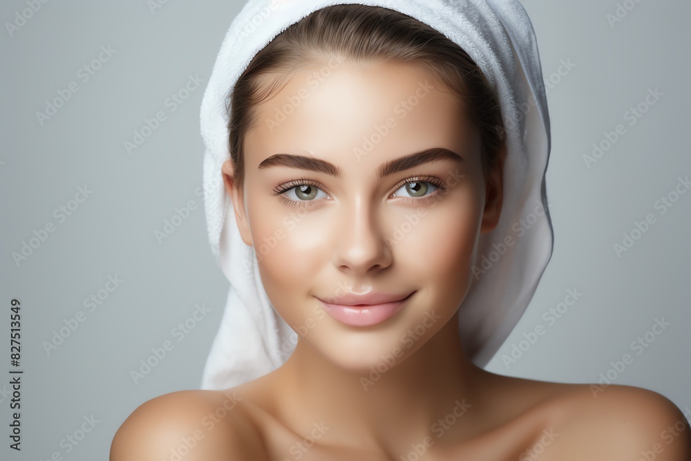 A girl with clean skin washes white background A girl with clean skin washes white background