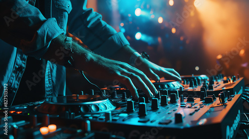 A DJ is mixing music at a concert while surrounded by smoke and bright lights photo