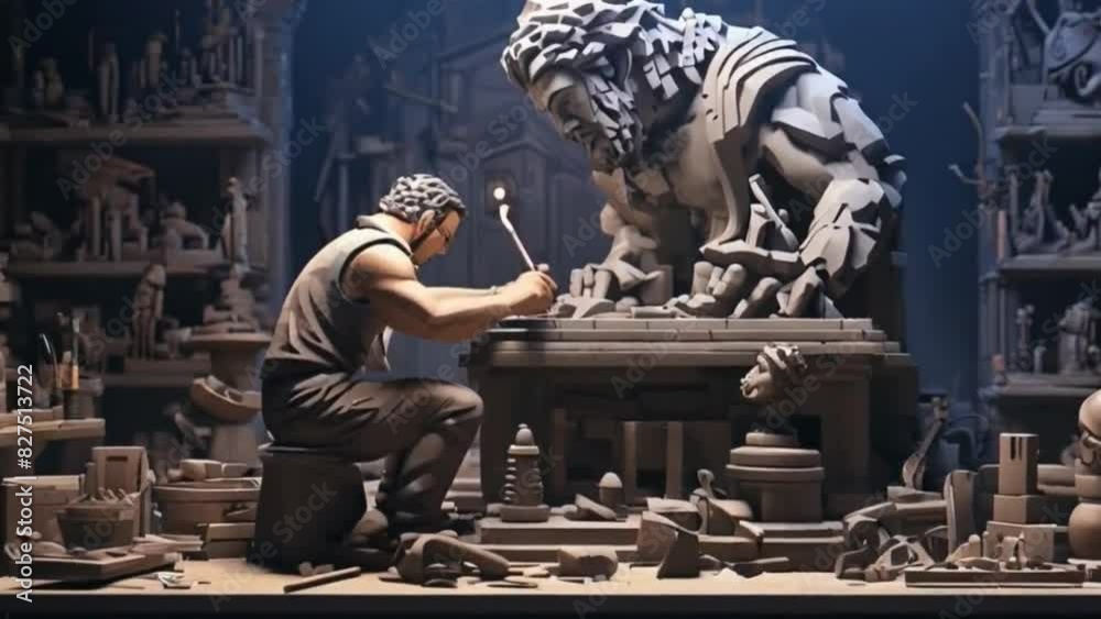 An animation showcasing a sculptor chiseling a statue, with detailed pixel art of the sculpting tools, the emerging statue, and the artist's workshop An animation showcasing a sculptor chiseling a statue, with detailed pixel art of the sculpting tools, the emerging statue, and the artist's workshop