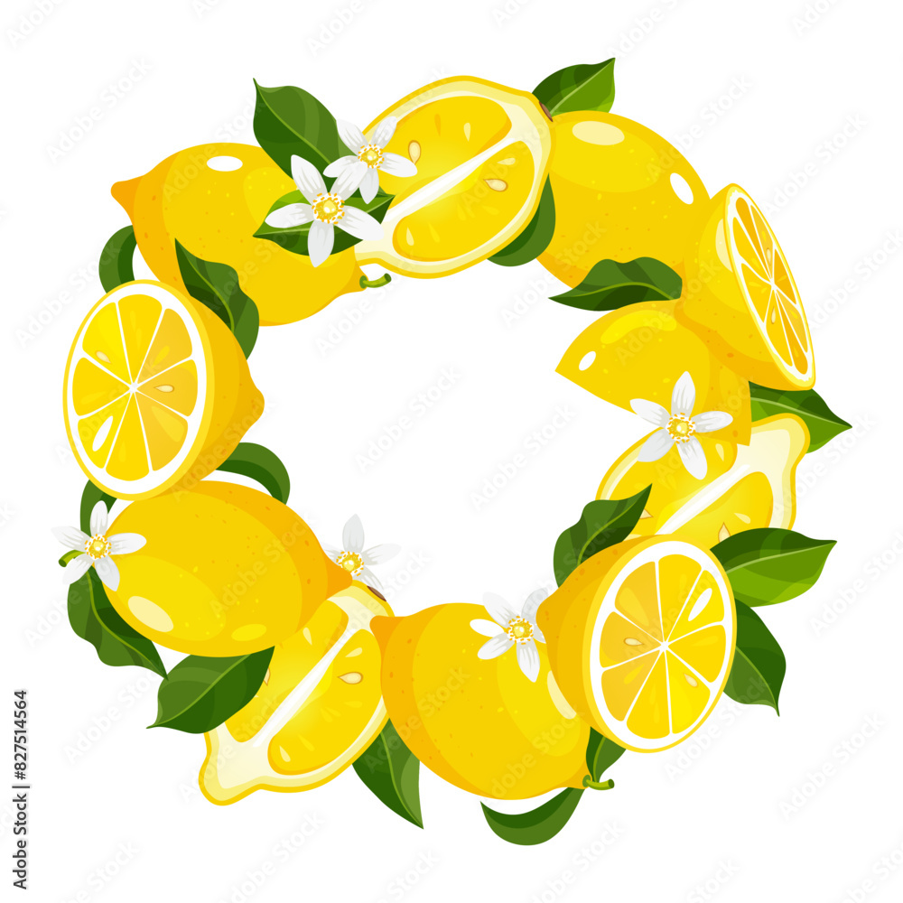 Vector round frame with whole, half, slices lemons, blossom flowers ...