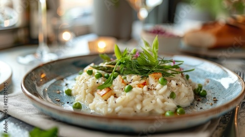 Plate of spring risotto with asparagus, peas, and herbs on a table set for a romantic breakfast