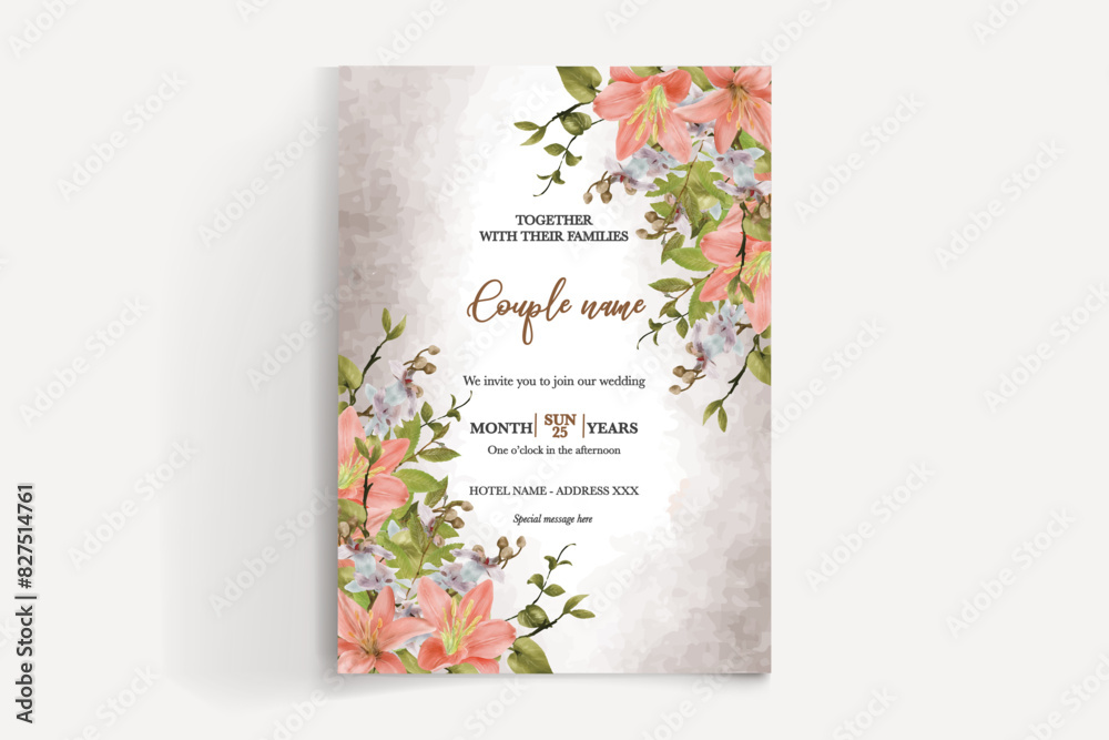 WEDDING INVITATION FRAME WITH FLOWER DECORATIONS AND FRESH LEAVES WEDDING INVITATION FRAME WITH FLOWER DECORATIONS AND FRESH LEAVES