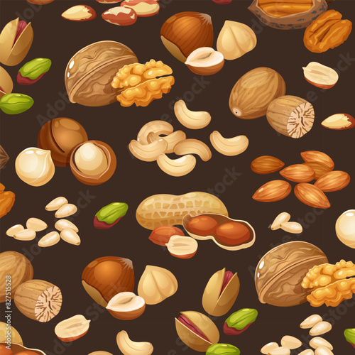 Vector seamless pattern with nuts collection includes cashew,walnuts,macadamia,brazil nut,pecan,hazelnut,peanut,pistachios,nutmeg,pine nuts,almond.	
