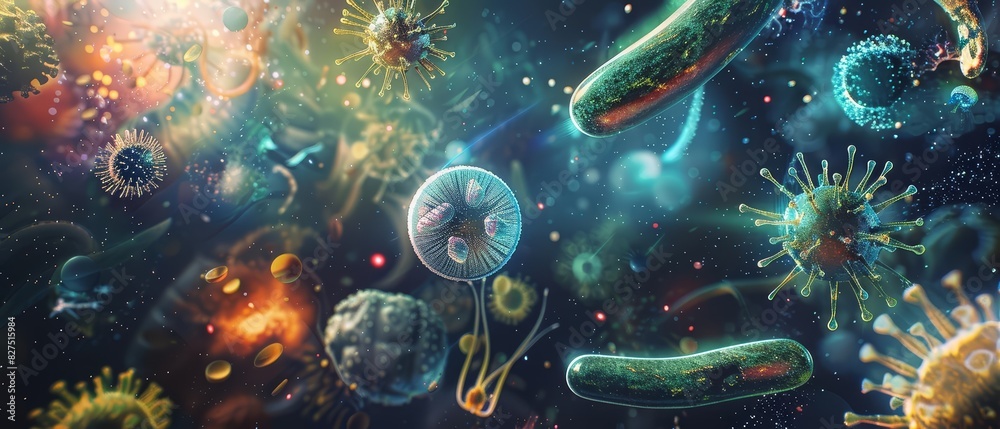 A surreal and imaginative representation of various bacteria and viruses in an abstract and otherworldly style The microorganisms are depicted with unusual shapes and colors A surreal and imaginative representation of various bacteria and viruses in an abstract and otherworldly style The microorganisms are depicted with unusual shapes and colors