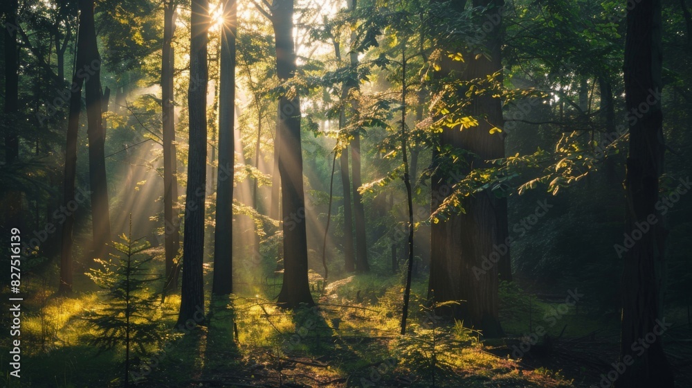 Obraz premium A calming scene of a forest with sunbeams filtering through the trees, creating dappled light and shadows, serene and natural --ar 16:9 --style raw Job ID: 161852f6-353f-479c-9ebb-25bb073845d3