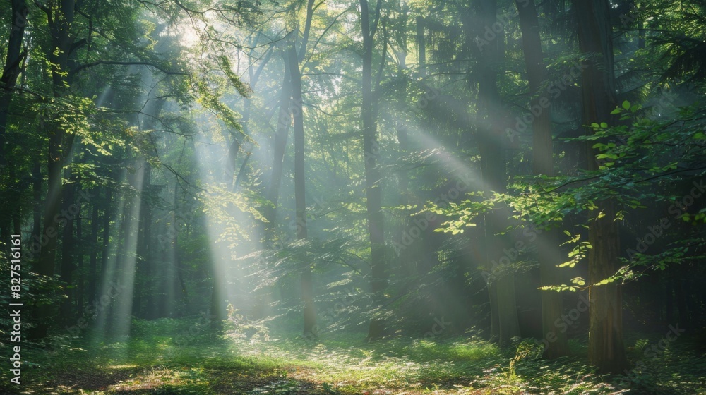 Obraz premium A calming scene of a forest with sunbeams filtering through the trees, creating dappled light and shadows, serene and natural --ar 16:9 --style raw Job ID: 161852f6-353f-479c-9ebb-25bb073845d3