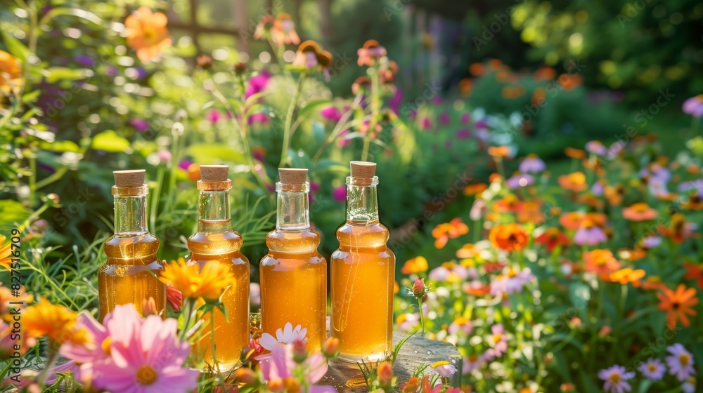Floral honey infusions in glass bottles set in a sunny, vibrant garden create a mesmerizing visual delight. Floral honey infusions in glass bottles set in a sunny, vibrant garden create a mesmerizing visual delight.