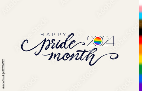 Hand written 2024 pride lettering with rainbow. LGBT rights symbol. Poster, placard, cards design. Gay parade slogan. Flags are made by hand with a dry brush on canvas. Vector illustration.