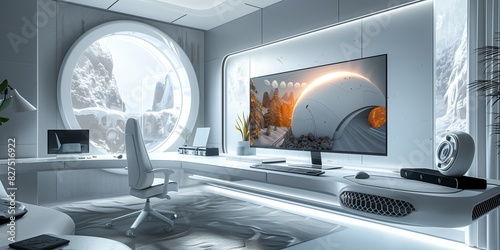 Futuristic minimalist workspace with a high-resolution monitor, ergonomic chair, and large circular window showing a snowy landscape