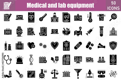 Set of 50 Medical and Lab Equipment glyph icons set. Workshop outline icons with editable stroke collection. Include Case, Case Stusies, Bacteria, Blood Donation, Blood Test, Medical Test, Broken Bone