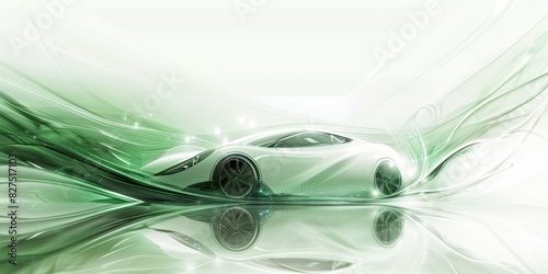 Futuristic white sports car with sleek, aerodynamic design, surrounded by abstract green light trails and reflections on a glossy surface