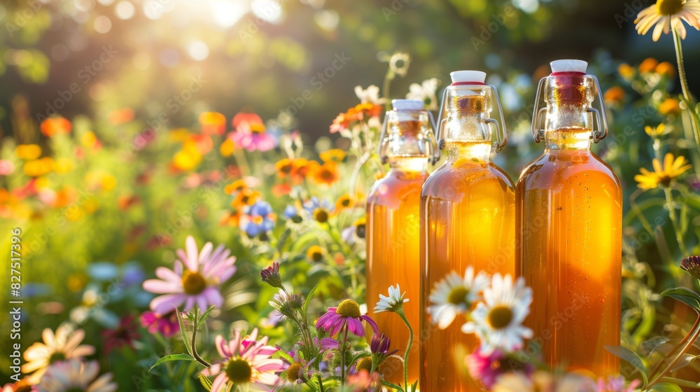Floral honey infusions in glass bottles set against a sunny garden create a picturesque scene. Floral honey infusions in glass bottles set against a sunny garden create a picturesque scene.