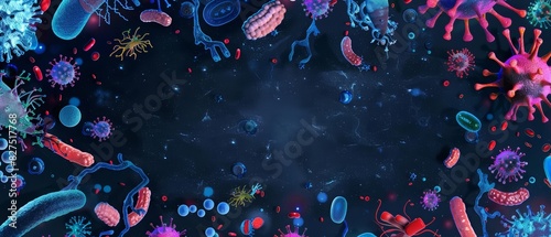 A top view of various bacteria and viruses in different shapes and colors photo
