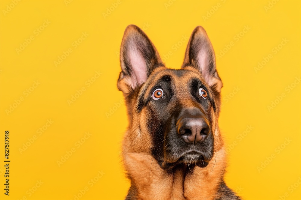 In a studio photo, a friendly German shepherd dog is captured pulling a funny face, radiating charm and playfulness. This portrait perfectly captures the lovable and humorous nature of the dog. 
