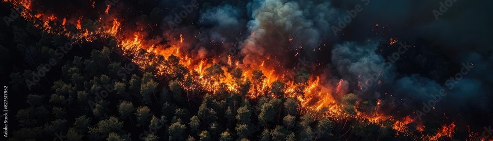Aerial view of a fierce forest fire consuming treetops, billowing smoke fills the sky, highlighting the dramatic natural disaster and destruction. Aerial view of a fierce forest fire consuming treetops, billowing smoke fills the sky, highlighting the dramatic natural disaster and destruction.