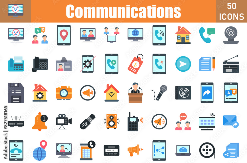 Set of 50 Communications flat icons set. Workshop outline icons with editable stroke collection. Include agreement, no wifi, language, location, team, connectivity, internet, home, Set of 50 Communications flat icons set. Workshop outline icons with editable stroke collection. Include agreement, no wifi, language, location, team, connectivity, internet, home,