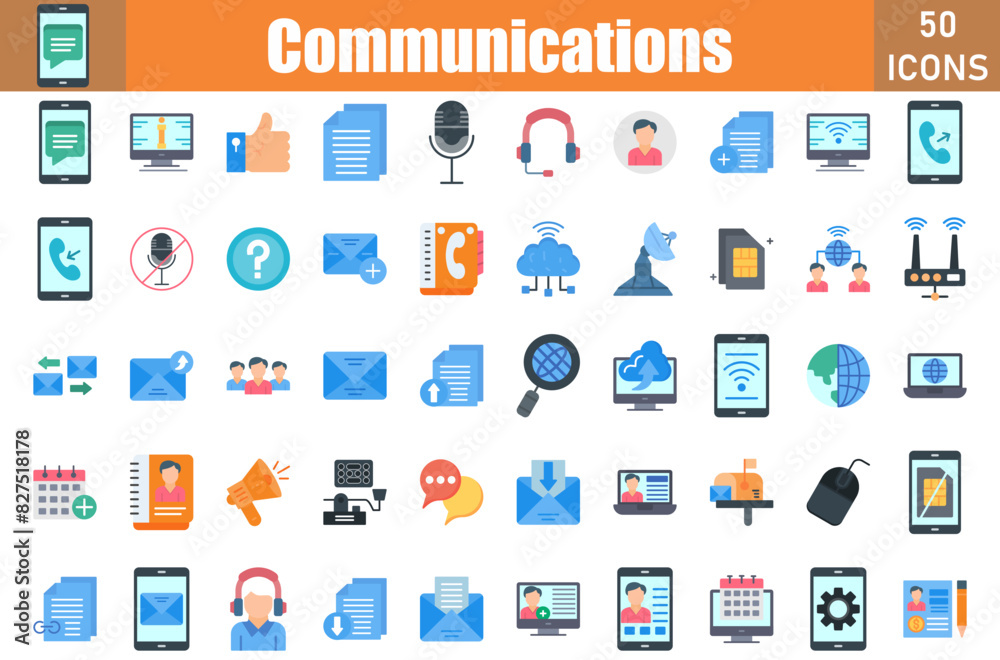 Set of 50 Communications flat icons set. Workshop outline icons with editable stroke collection. Include Chat,Help, Email, Bubblle Chat, Add Friend, Call, Send, Forward, Mail Forward, About