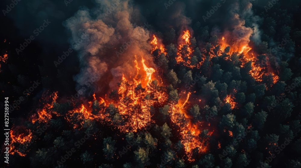 Aerial view of a large forest wildfire, with intense flames and thick smoke consuming the dense woodland during the night. Aerial view of a large forest wildfire, with intense flames and thick smoke consuming the dense woodland during the night.