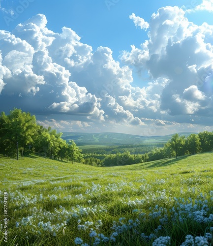 Green Hillside Meadow with Blue Sky and White Clouds