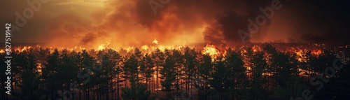 Intense forest fire spreads through a dense woodland, engulfing the trees with flames and smoke under a dramatic sky.