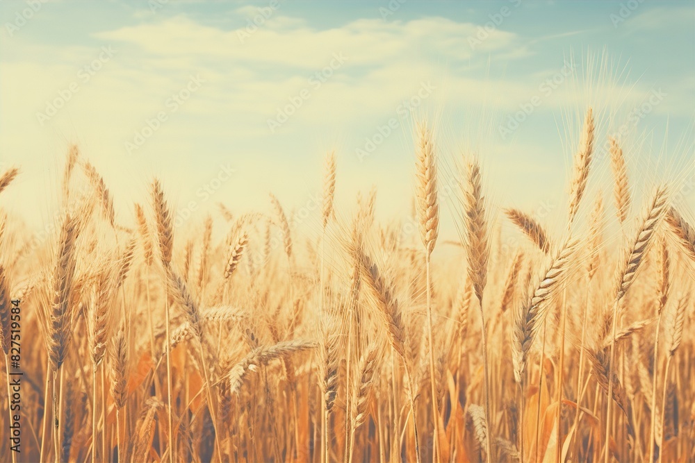 Fototapeta premium A picturesque view of a golden wheat field stretching into the distance under a vibrant summer sky.