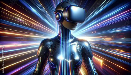 a futuristic woman wearing a sleek, reflective outfit and an advanced VR headset.