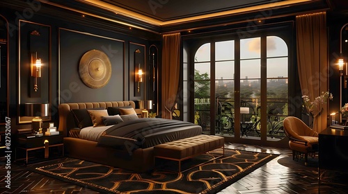 A hyper-realistic luxury Art Deco bedroom, black and gold color scheme, bold geometric patterns on the floor, luxurious bed with velvet upholstery, metallic accents, intricate light fixtures. photo