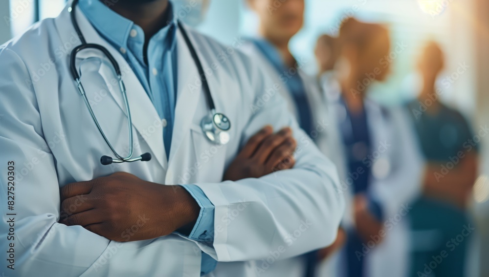Detailed image of a healthcare worker's folded arms with a stethoscope, symbolizing professionalism