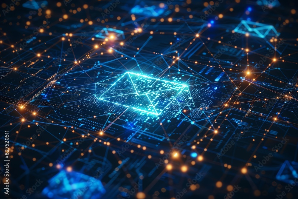 An illustrative depiction of a glowing email icon in the center of a detailed web of blue data streams and connections The illustration uses clean lines and vibrant blue tones An illustrative depiction of a glowing email icon in the center of a detailed web of blue data streams and connections The illustration uses clean lines and vibrant blue tones